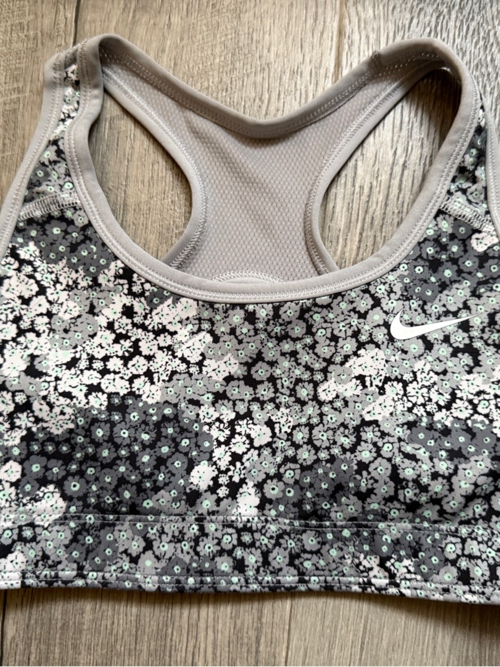 Nike Gray Floral Reversible Racerback Sports Bra with Mint Accents